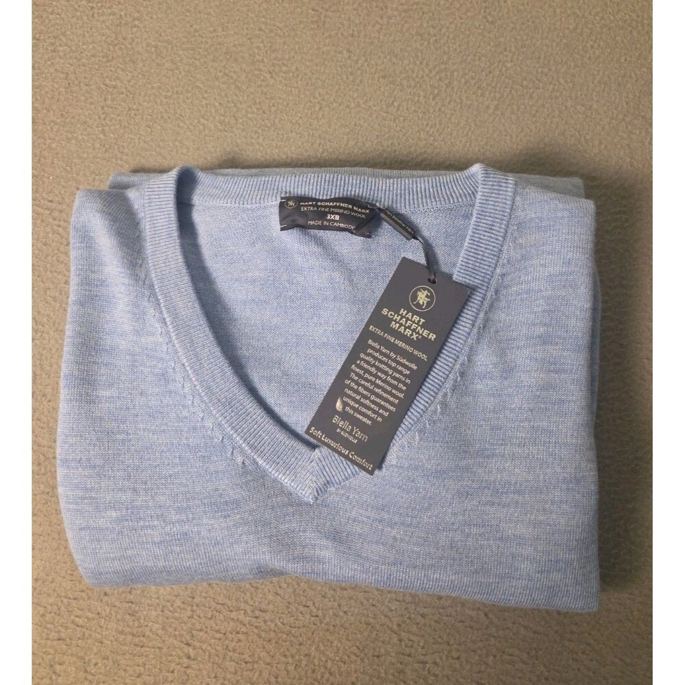 NWT Hart Schaffner Marx Mens Blue Fine Merino Wool V-Neck Sweater 3XB NEW $115